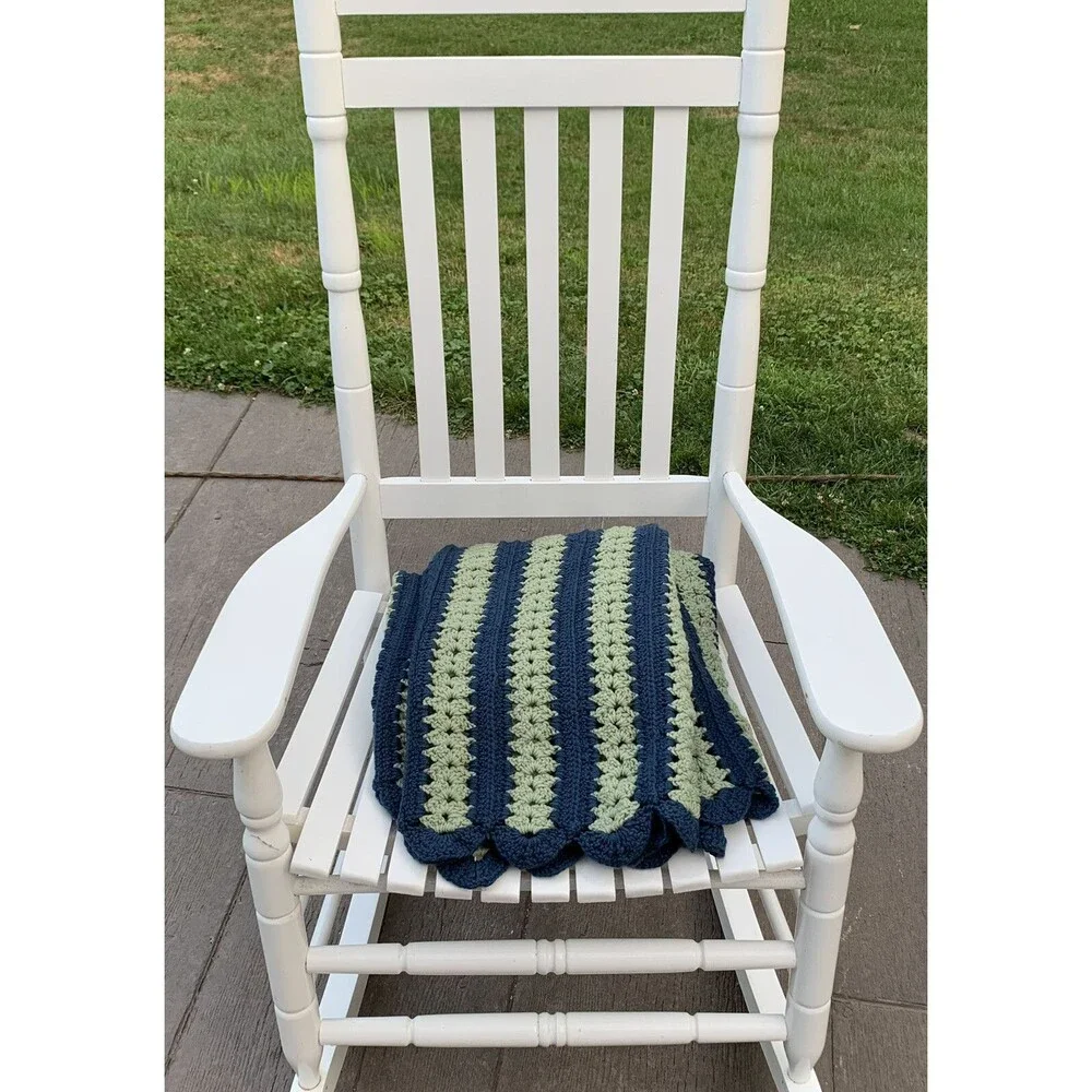 Vintage Crocheted Afghan Blanket Navy Blue Muted Green 65” x 46” Rounded Ends
